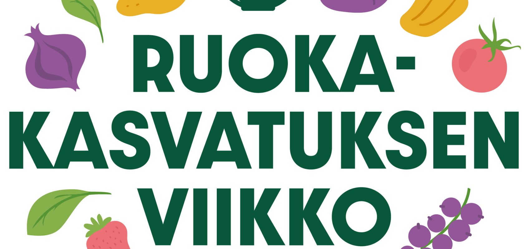 Ruokakasvatuksen viikon logo, jossa erilaisia kasviksia ja hedelmiä
