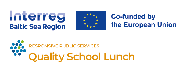 Quality School Lunch -projektin logo, jossa myös EU-lippu, osittain EU-rahoitettu.